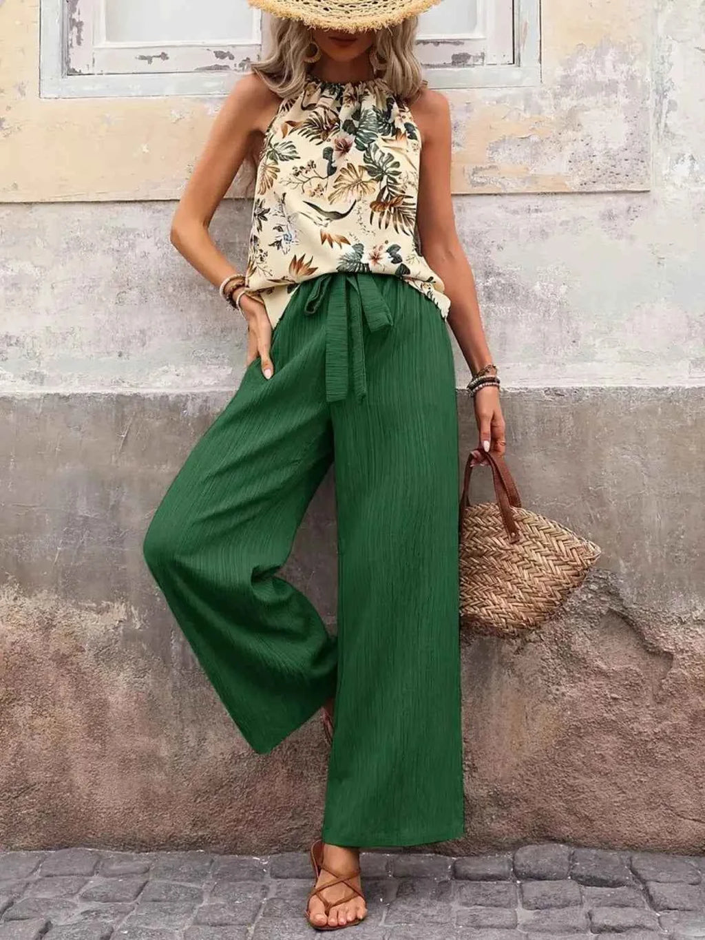 Printed Tank Top and Wide Leg Pants Set
