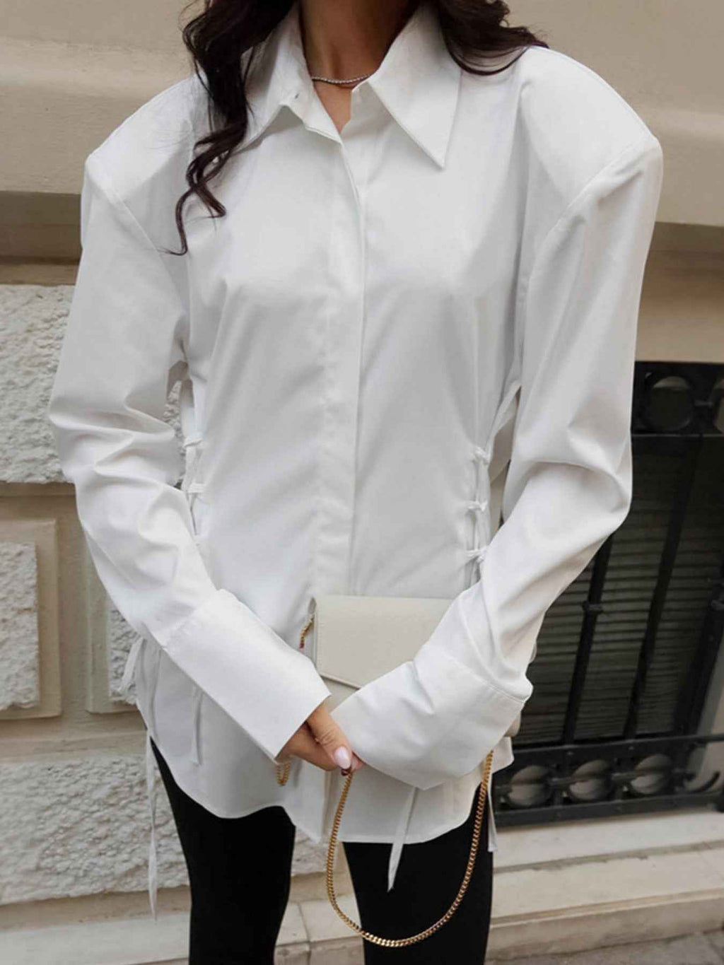 White Button Up Side Lace Up Shirt