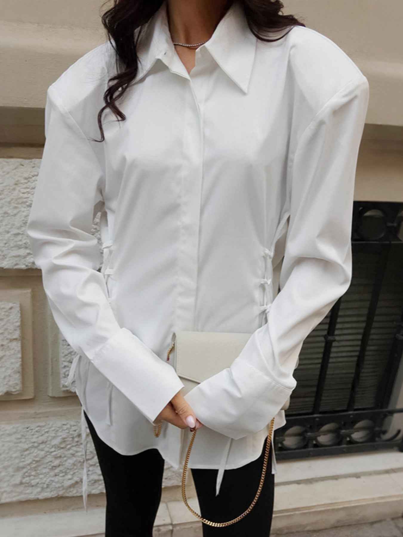 White Button Up Side Lace Up Shirt