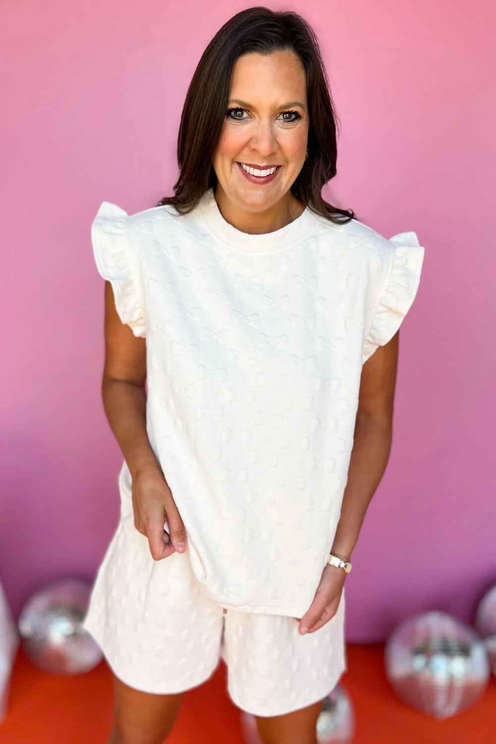 White Plain Bow Jacquard Ruffle Sleeve Shorts Set