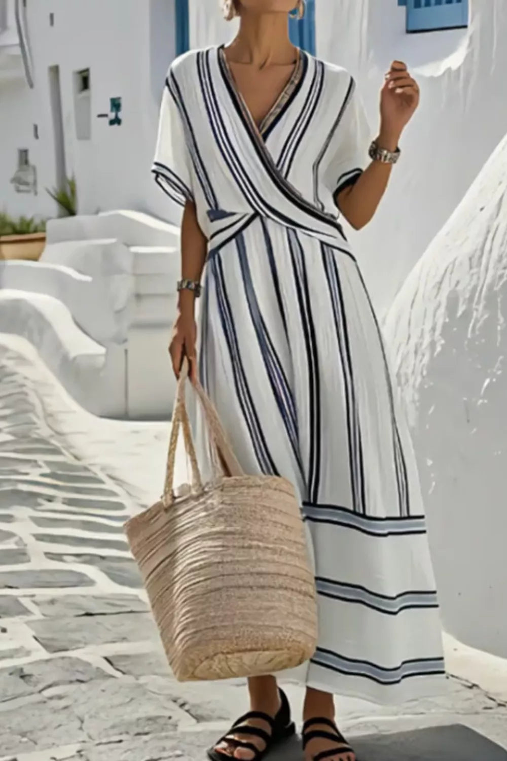 Striped Wrap Half Sleeve Maxi Dress by Shopiebay
