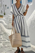 Striped Wrap Half Sleeve Maxi Dress by Shopiebay