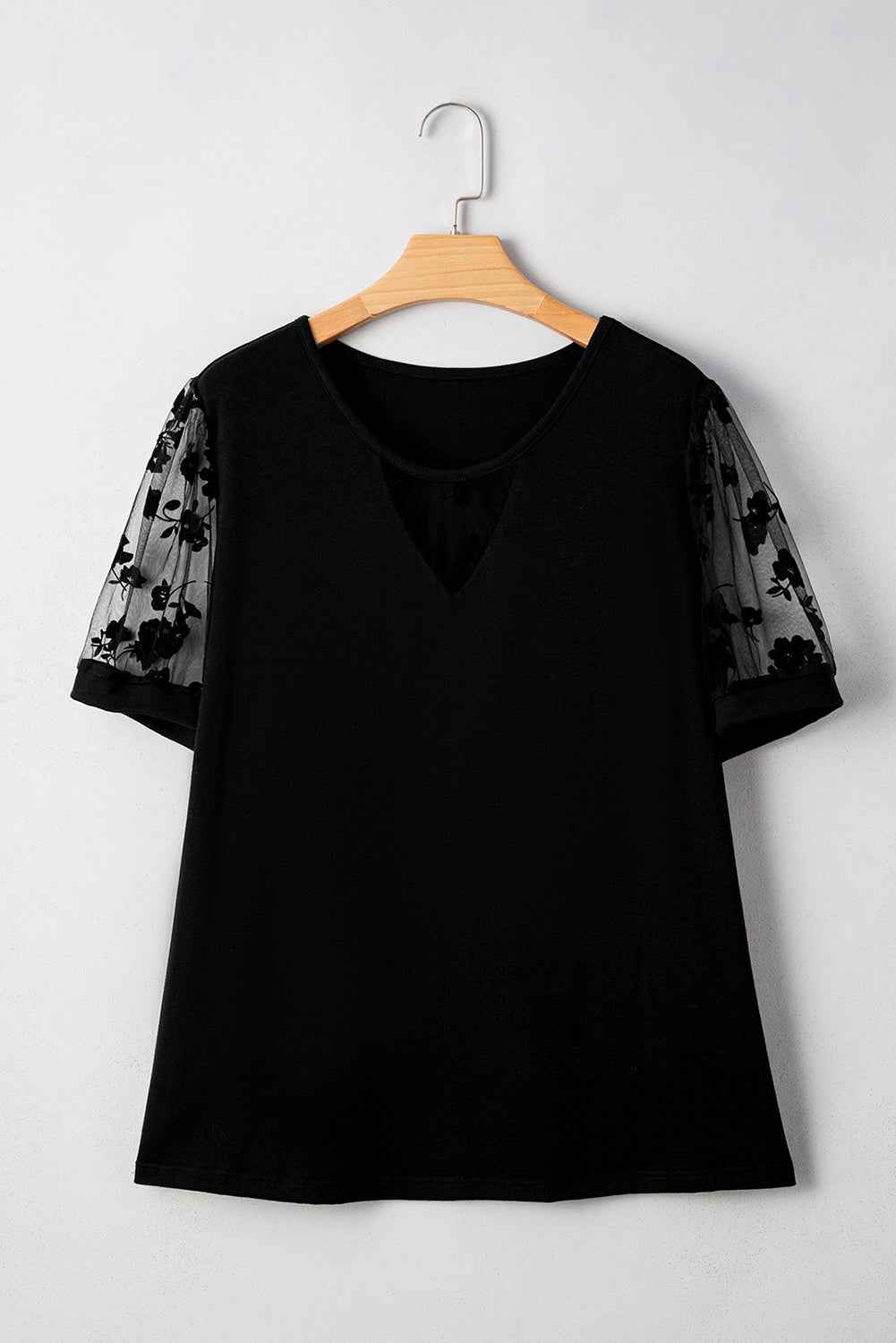 Black Plus Size Floral Mesh Patchwork Loose V Neck T Shirt