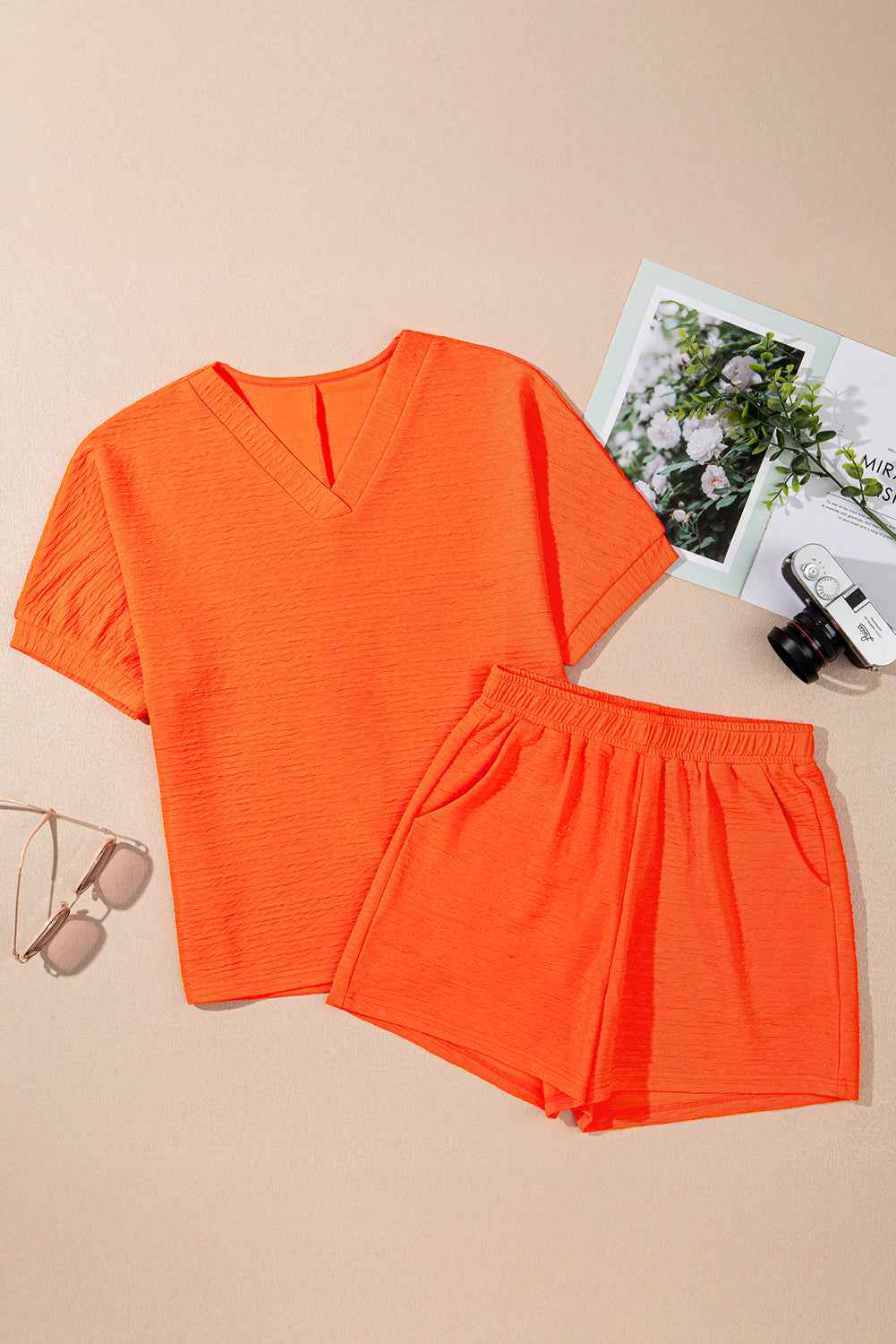 Orange Textured V Neck T Shirt and Shorts Set