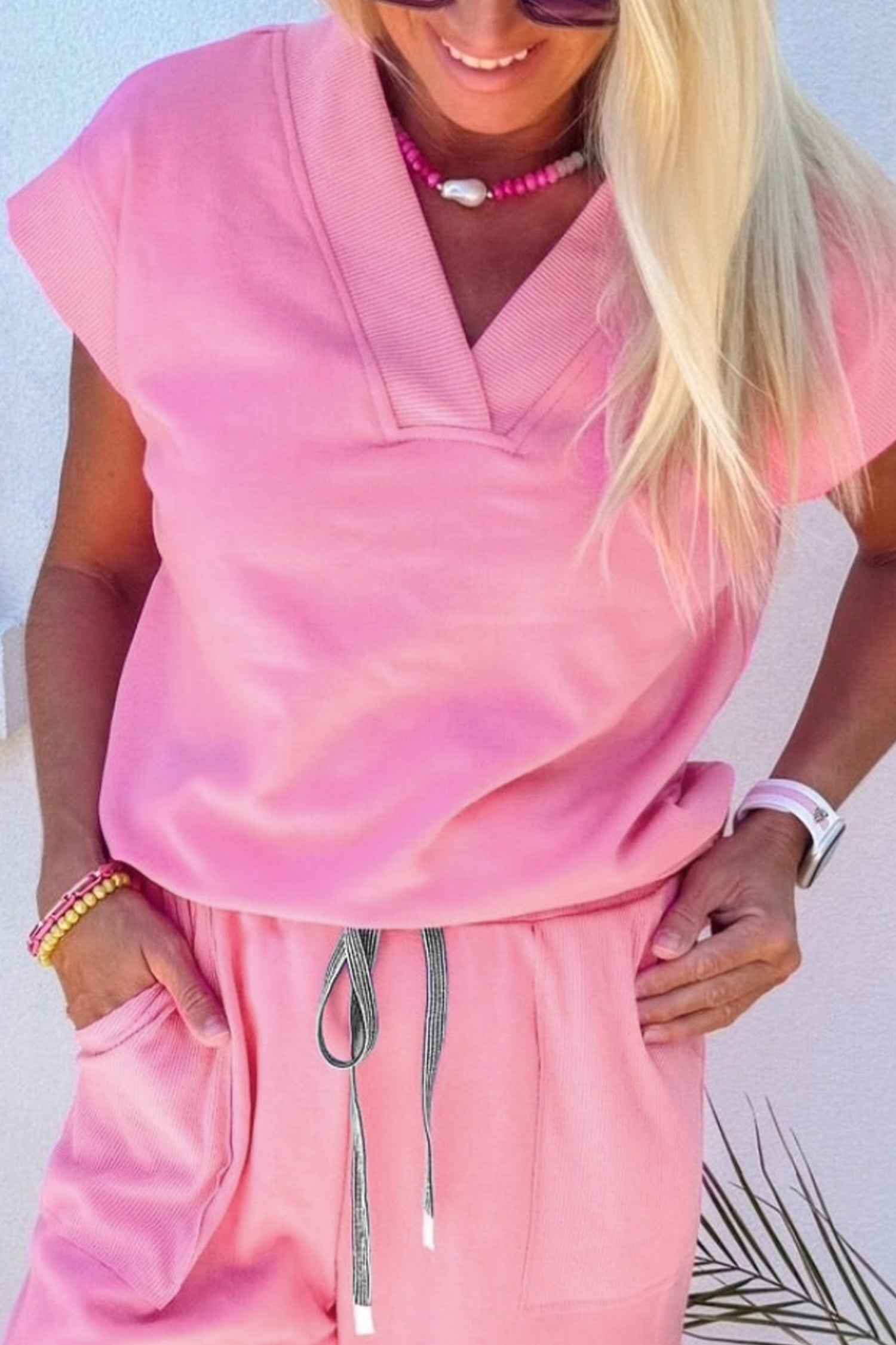 Bonbon Solid Color V Neck Tee Drawstring Pant Set