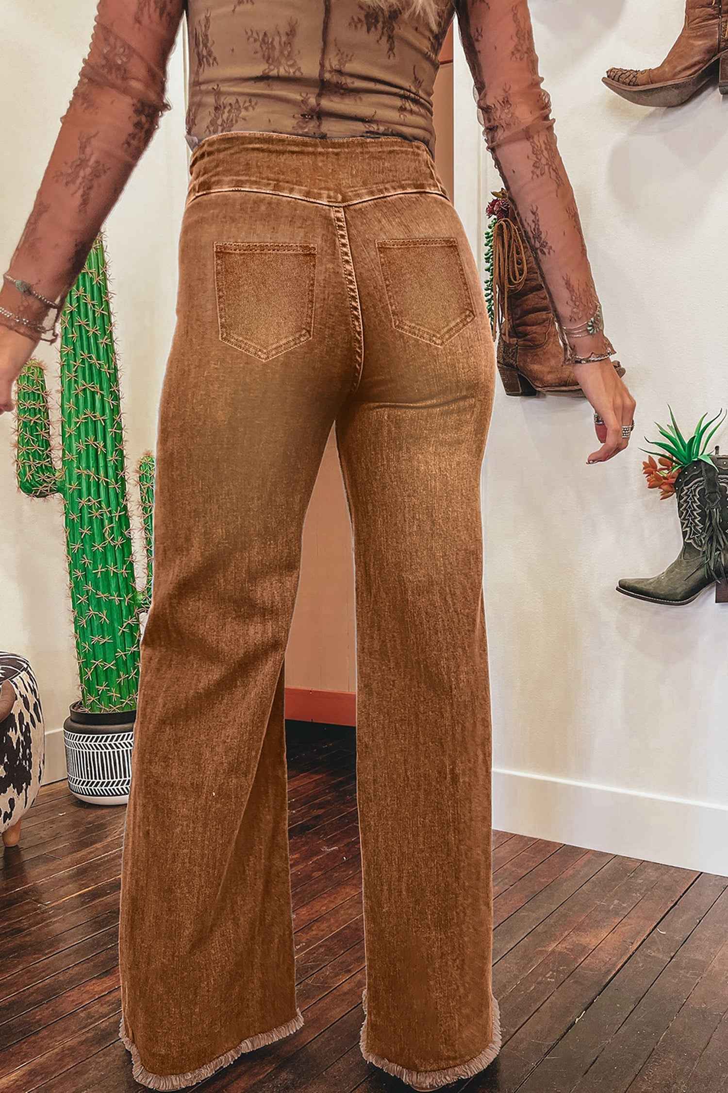 Coffee High Waist Button Fly Seamed Raw Hem Flare Jeans