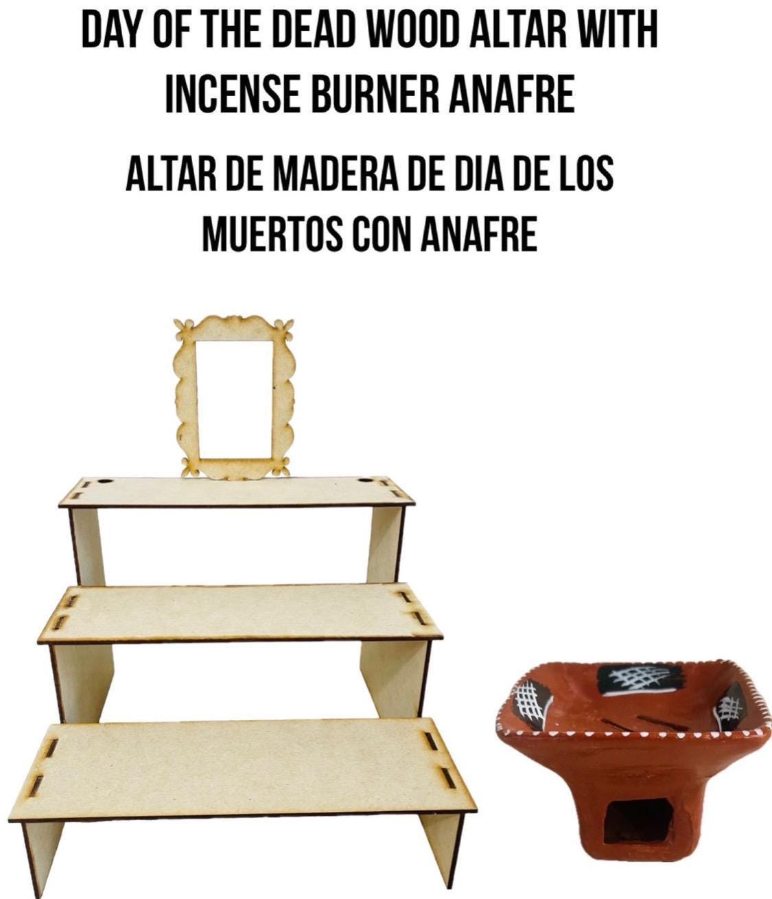 Altar de Ofrenda para Dia De Los Muertos de Madera con Anafre de Barro Day of the Dead Wood Offering Altar with Incense Burner by Chica Mexico