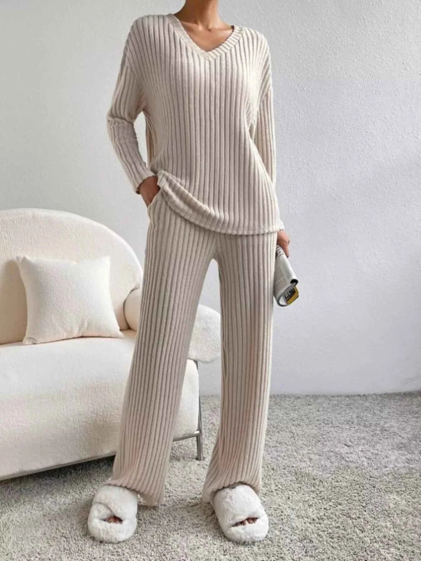 Ribbed Knit V-Neck Top and Pants Set