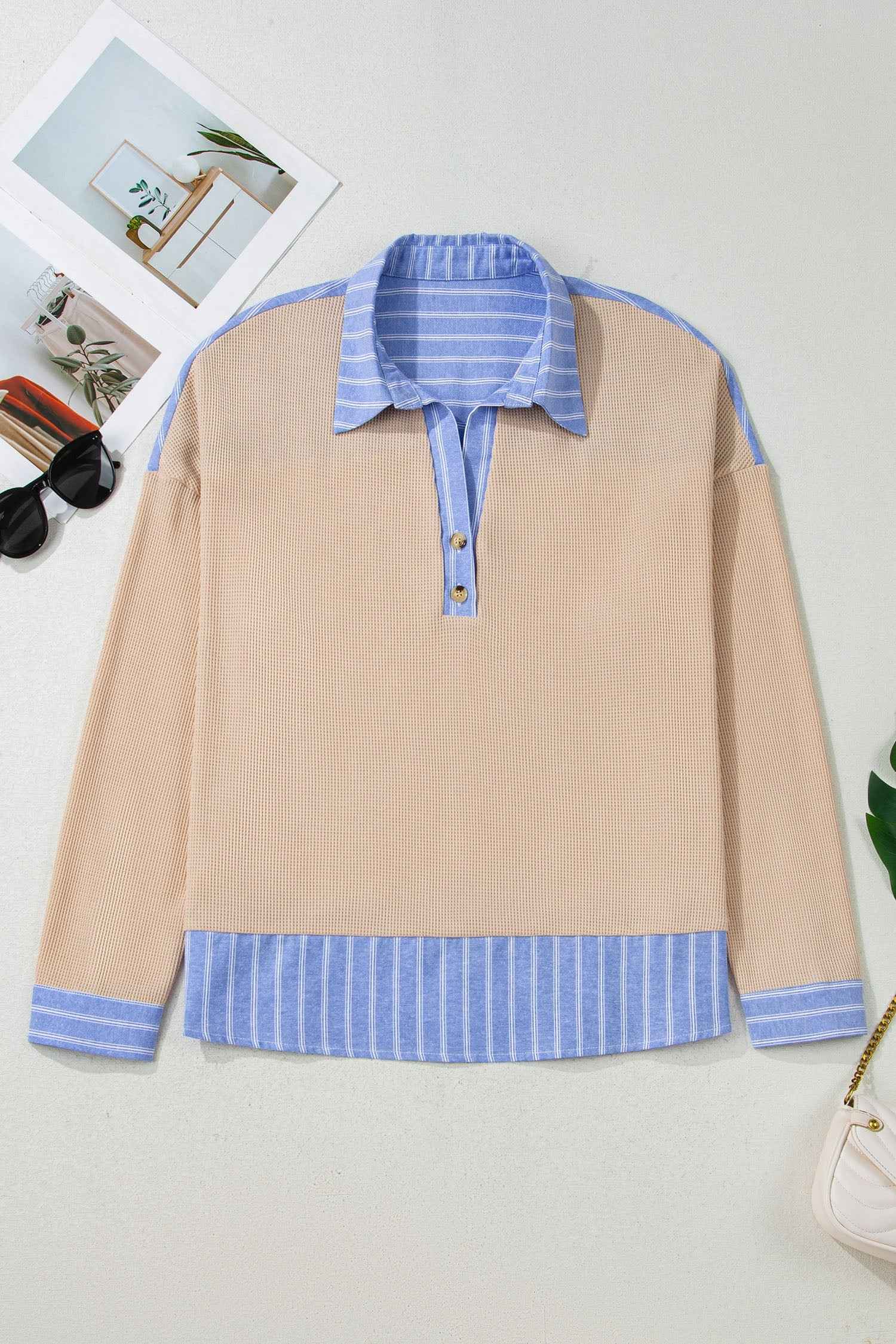 Parchment Plus Size Striped Contrast Trim Waffle Knit Collared Top