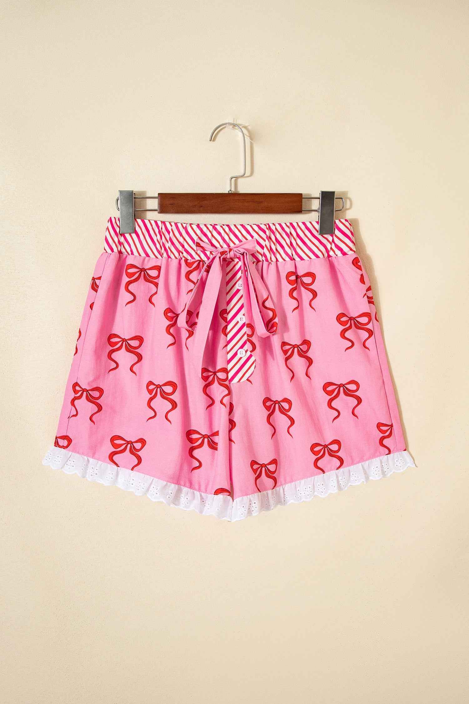 Pink Bow Print Striped Patchwork Elastic Waist Lace Trim Loose Shorts