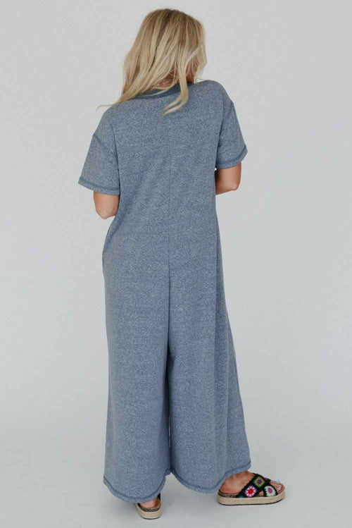 Beau Blue Patchwork Pocket Short Sleeve Jumpsuit by Wild and Free Boutique