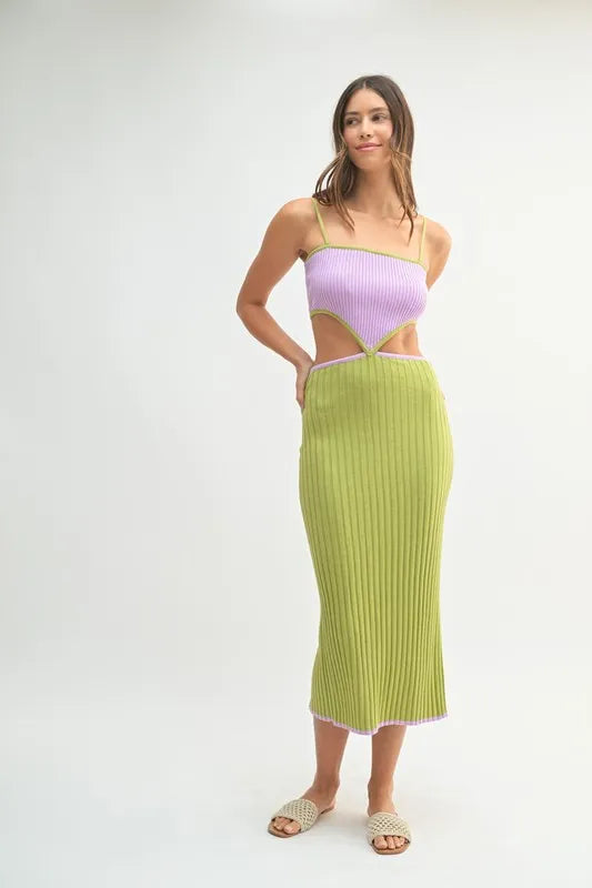 MABLE Ribbed Knit Color Block Cutout Midi Dress by Selvanelle