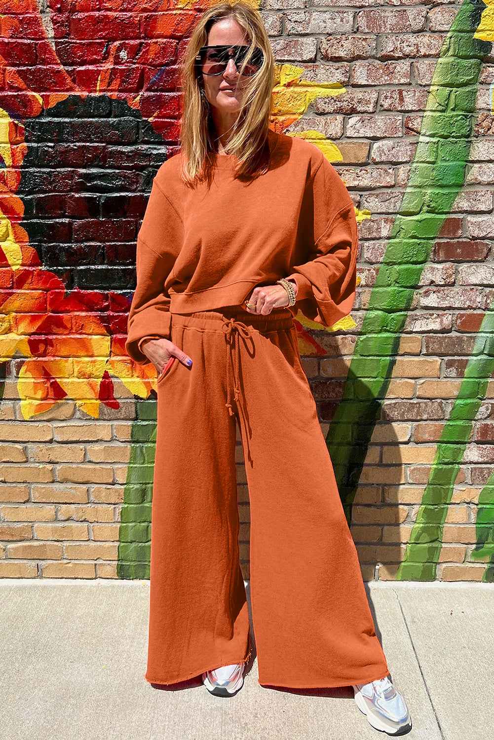 Flamingo Drop Shoulder Crop Pullover Drawstring Wide Leg Pants Set