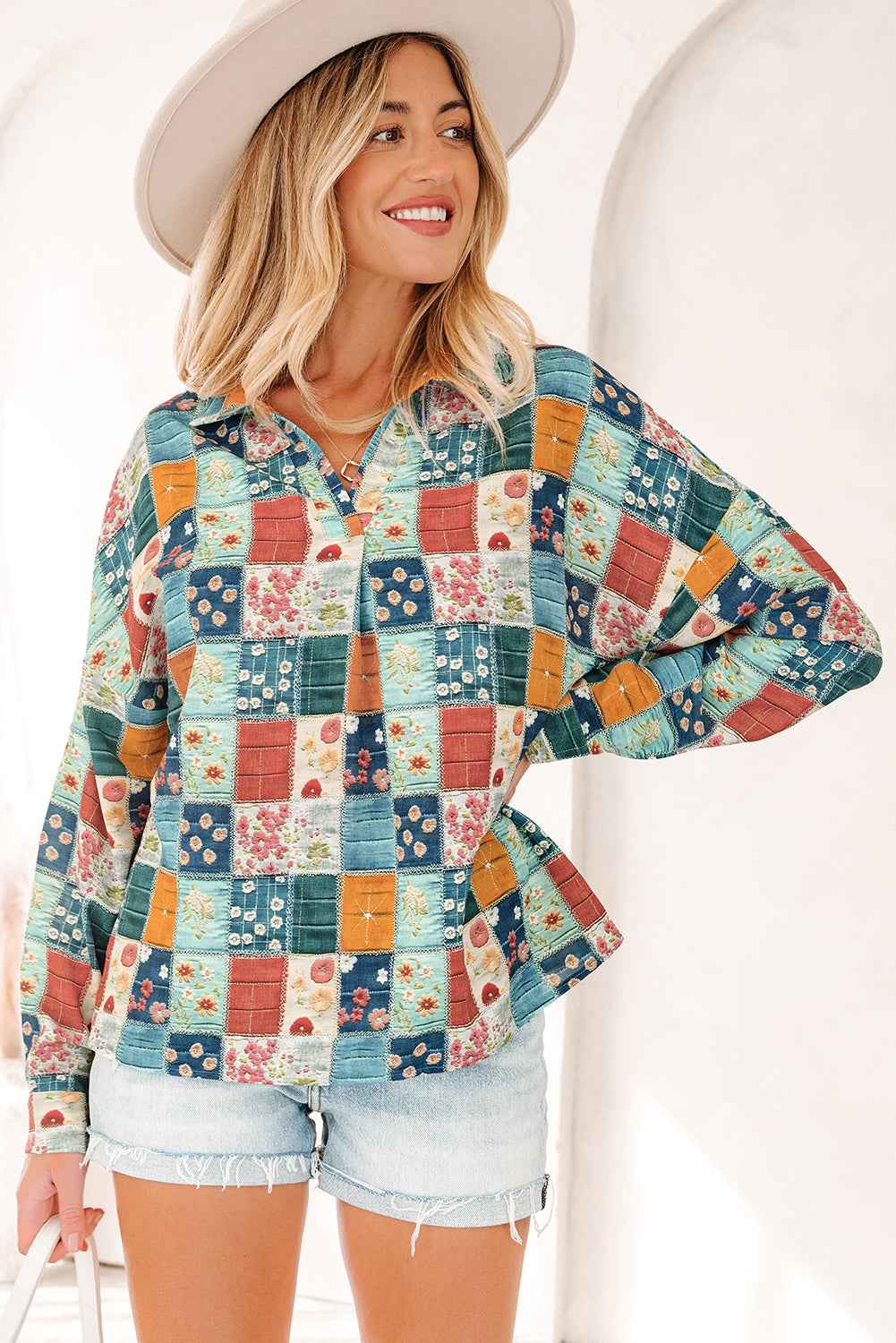 Sky Blue Floral Collared V Neck Roll up Sleeve Shift Blouse