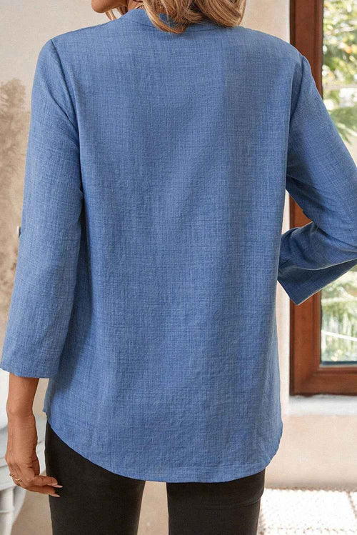 Ashleigh Blue Solid Color Notched V Neck Roll up 3/4 Sleeve Blouse by Wild and Free Boutique
