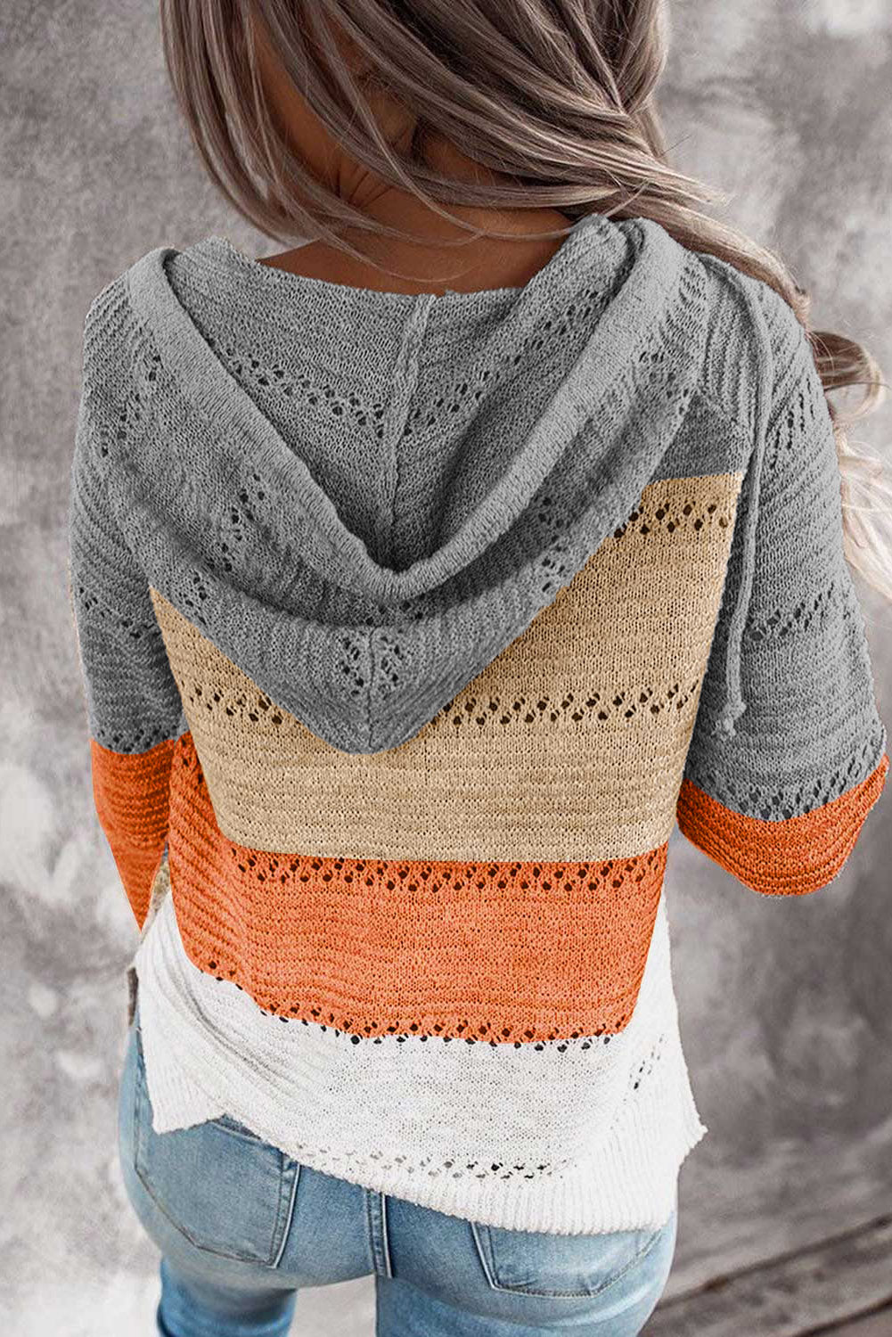 Multicolor Zipped Front Colorblock Hollow-out Knit Hoodie
