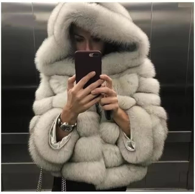 Women's Minimalist Hooded Patchwork Fur Grass Jacket (please see size chart for help with sizing or send us an email for assist. info@thefashioncelestial.com See size chart under “more details”