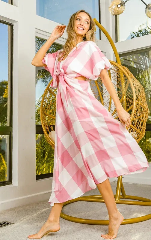 BiBi Front Tied Puff Sleeve Checkered Dress with Cut Out Detail by Selvanelle