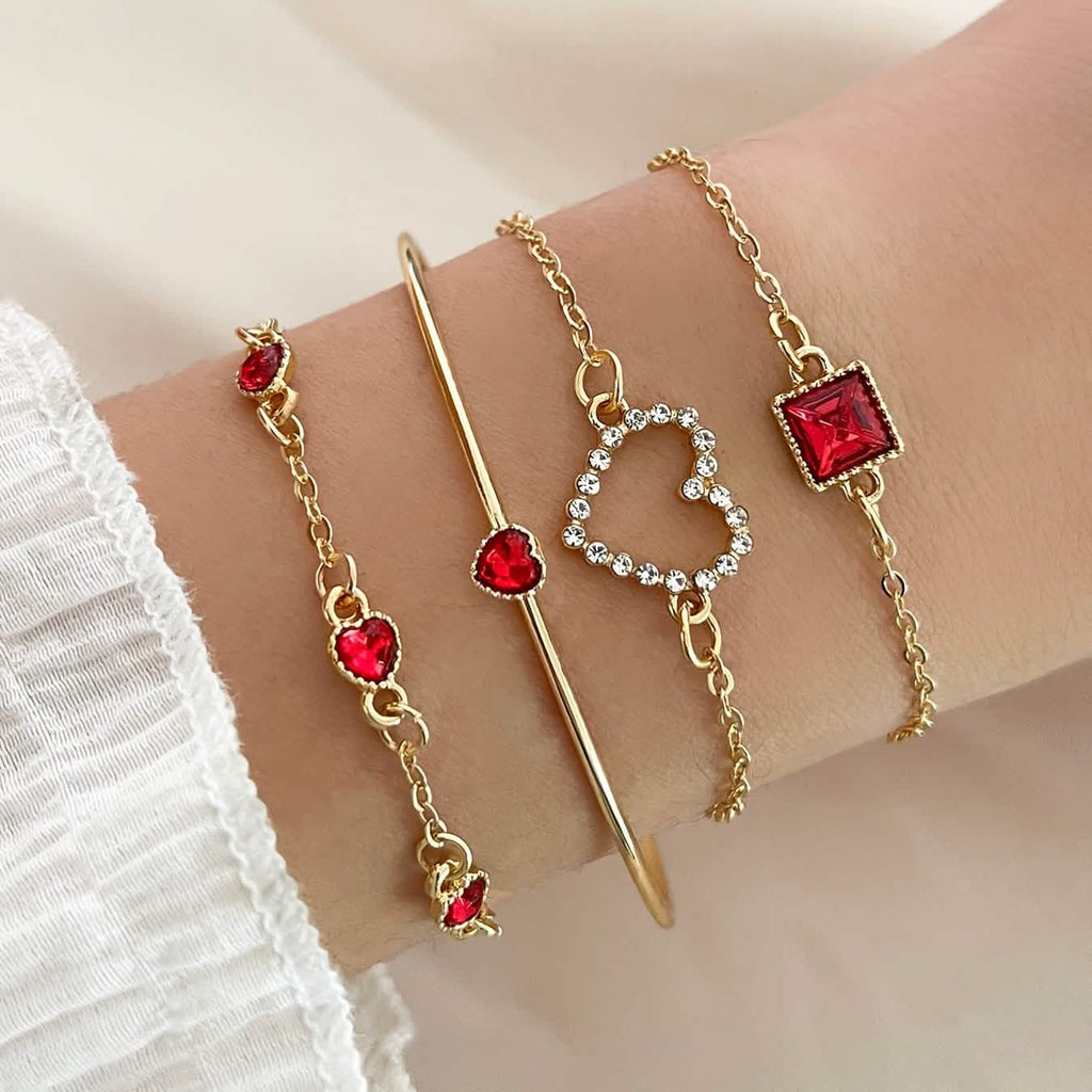 4pcs Rhinestone Alloy Bracelet Set – Minimalist Heart & Square Design by DailySale