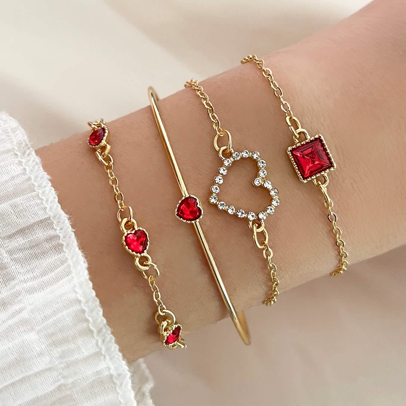4pcs Rhinestone Alloy Bracelet Set – Minimalist Heart & Square Design by DailySale