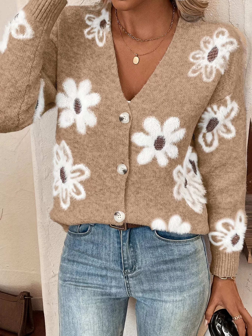 Floral Print Button-Up Knit Cardigan