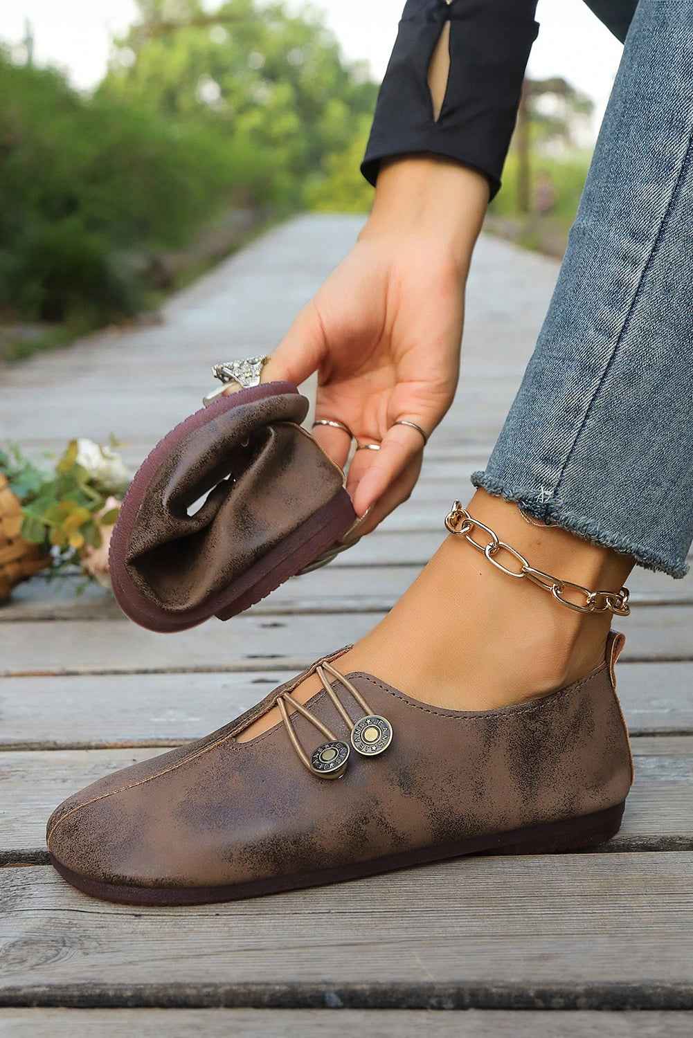 Coffee Button Detail Vintage Faux Leather Loafer Shoes