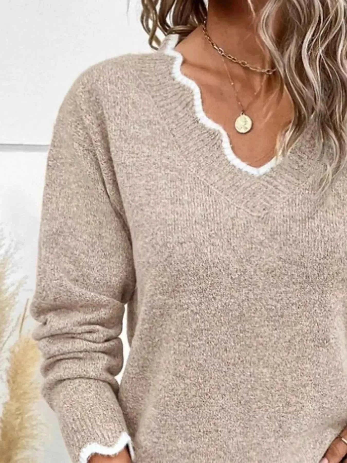 Scalloped Trim Plus Size V Neck Sweater