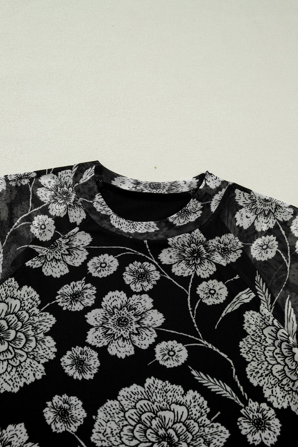 Brown Thumbhole Long Sleeve Floral Print Mesh Top