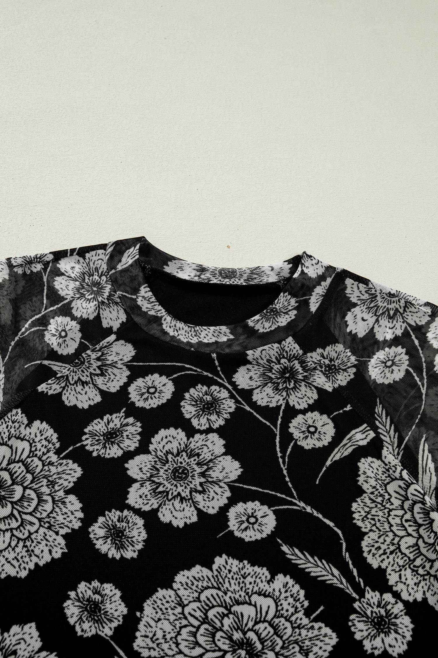 Brown Thumbhole Long Sleeve Floral Print Mesh Top