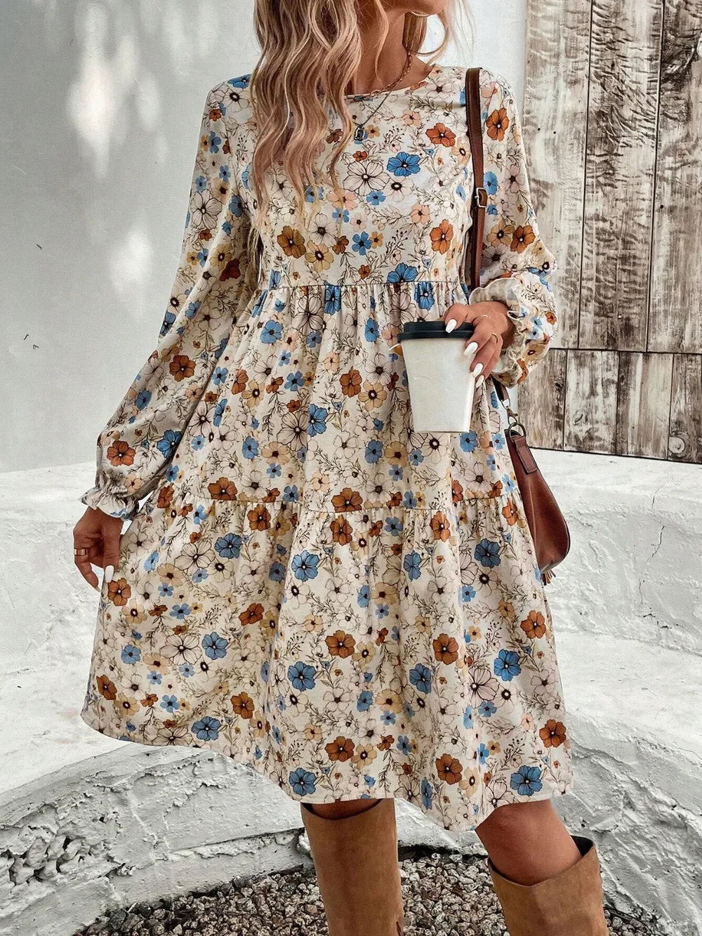 Tiered Floral Round Neck Long Sleeve Dress by Shopiebay