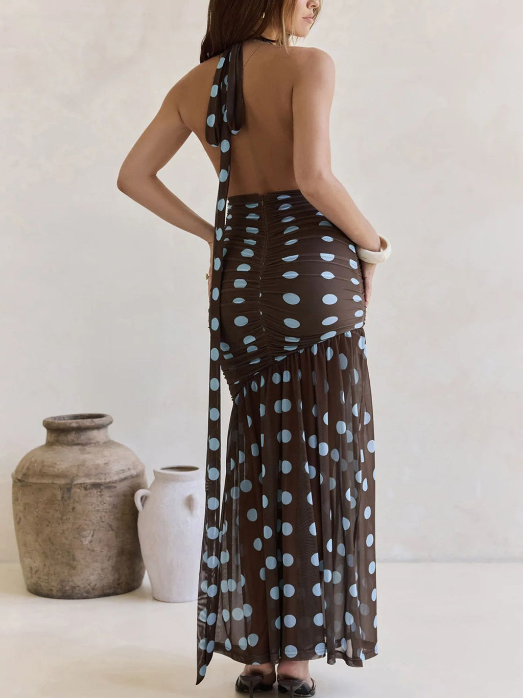 Polka Dot Halter Ruched Maxi Dress by Shopiebay