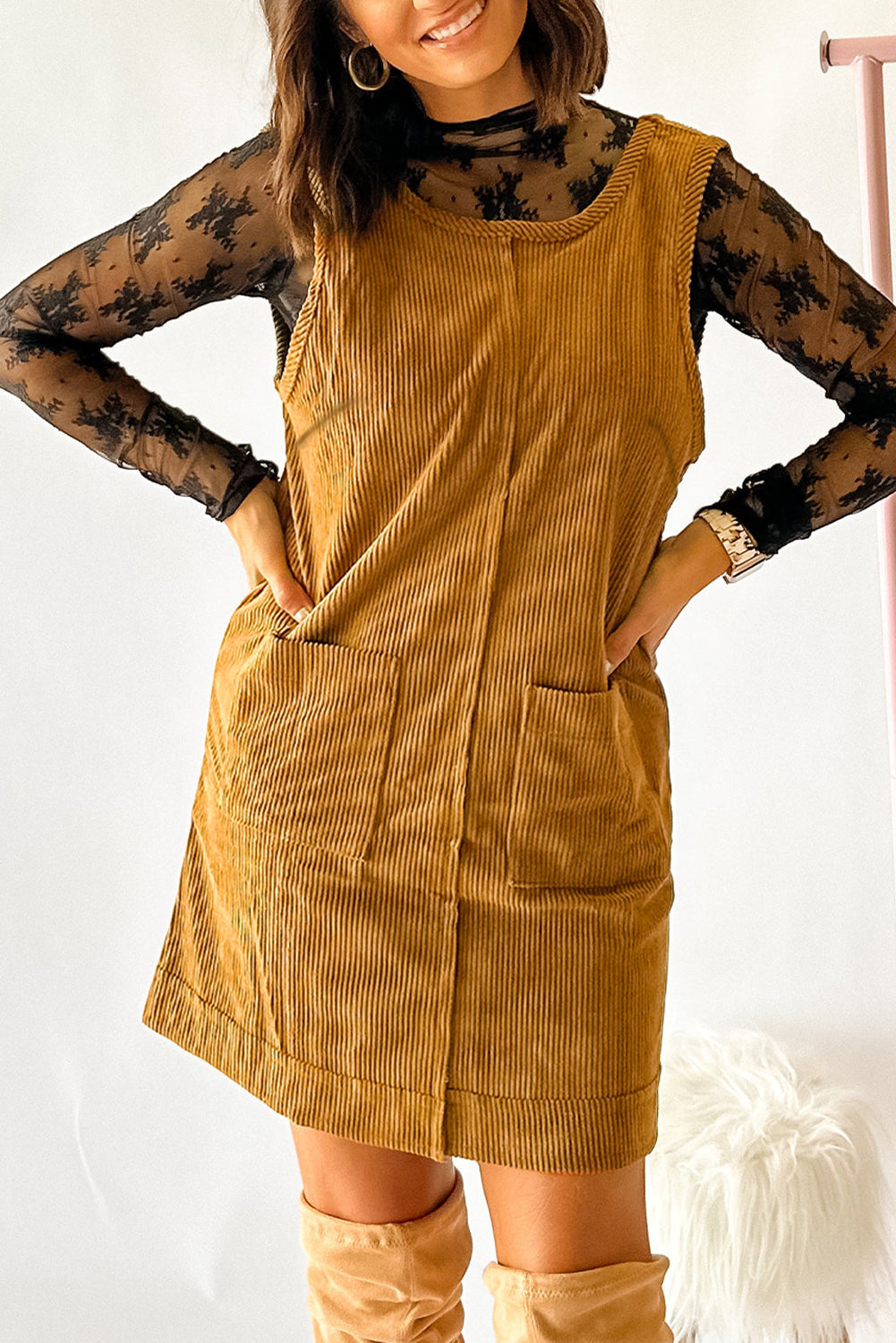 Black Corduroy Exposed Seam Sleeveless Mini Dress