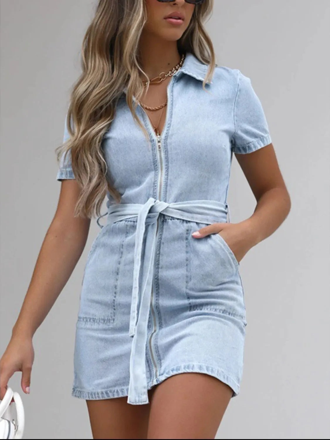Full Size Zip Front Short Sleeve Denim Dress Plus Size by Selvanelle