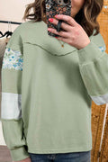 Laurel Green Floral Plaid Mixed Sleeve Raw Edge Relaxed French Terry Top