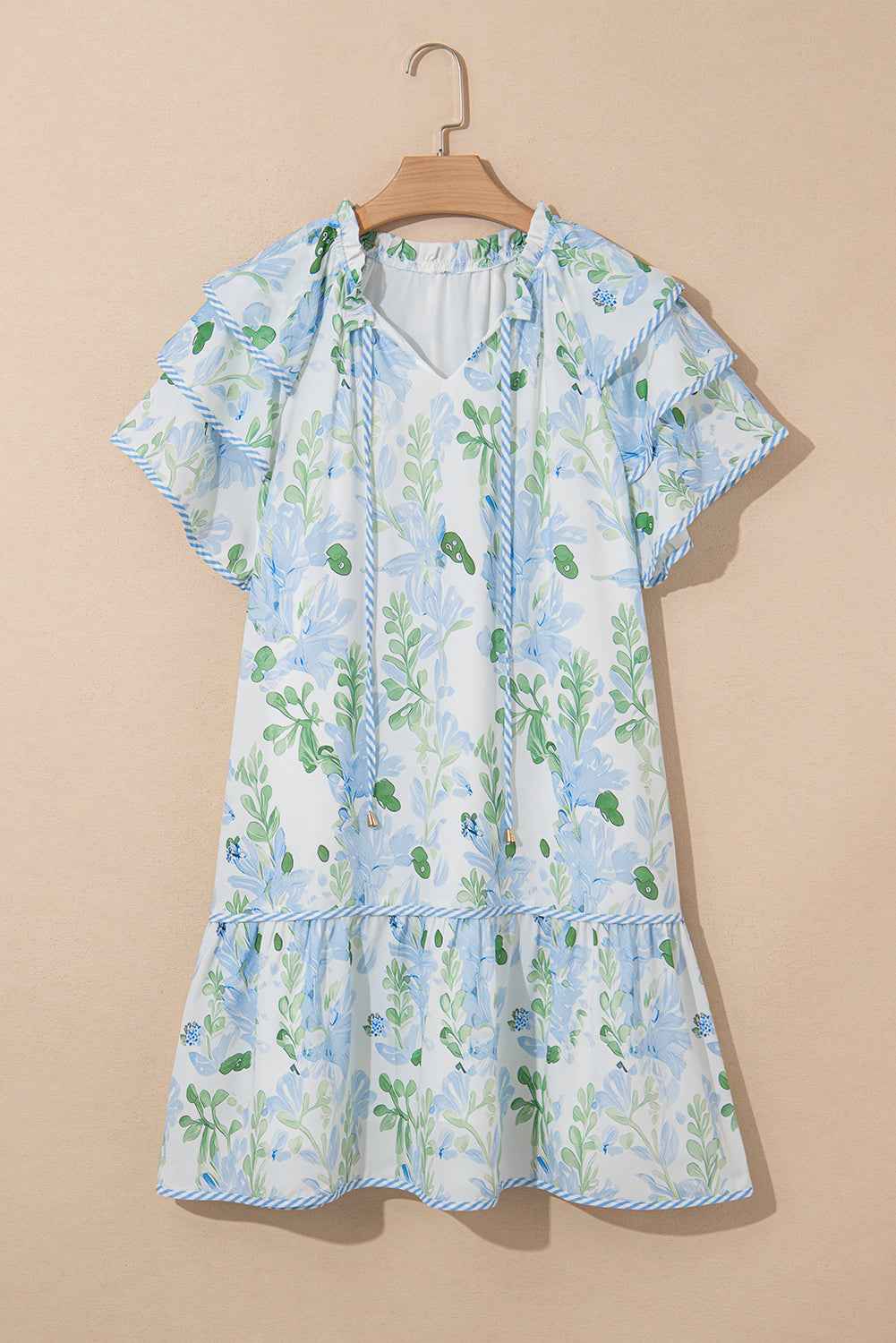 Sky Blue Floral Contrast Edge Ruffle Sleeve Tie Neck Mini Dress