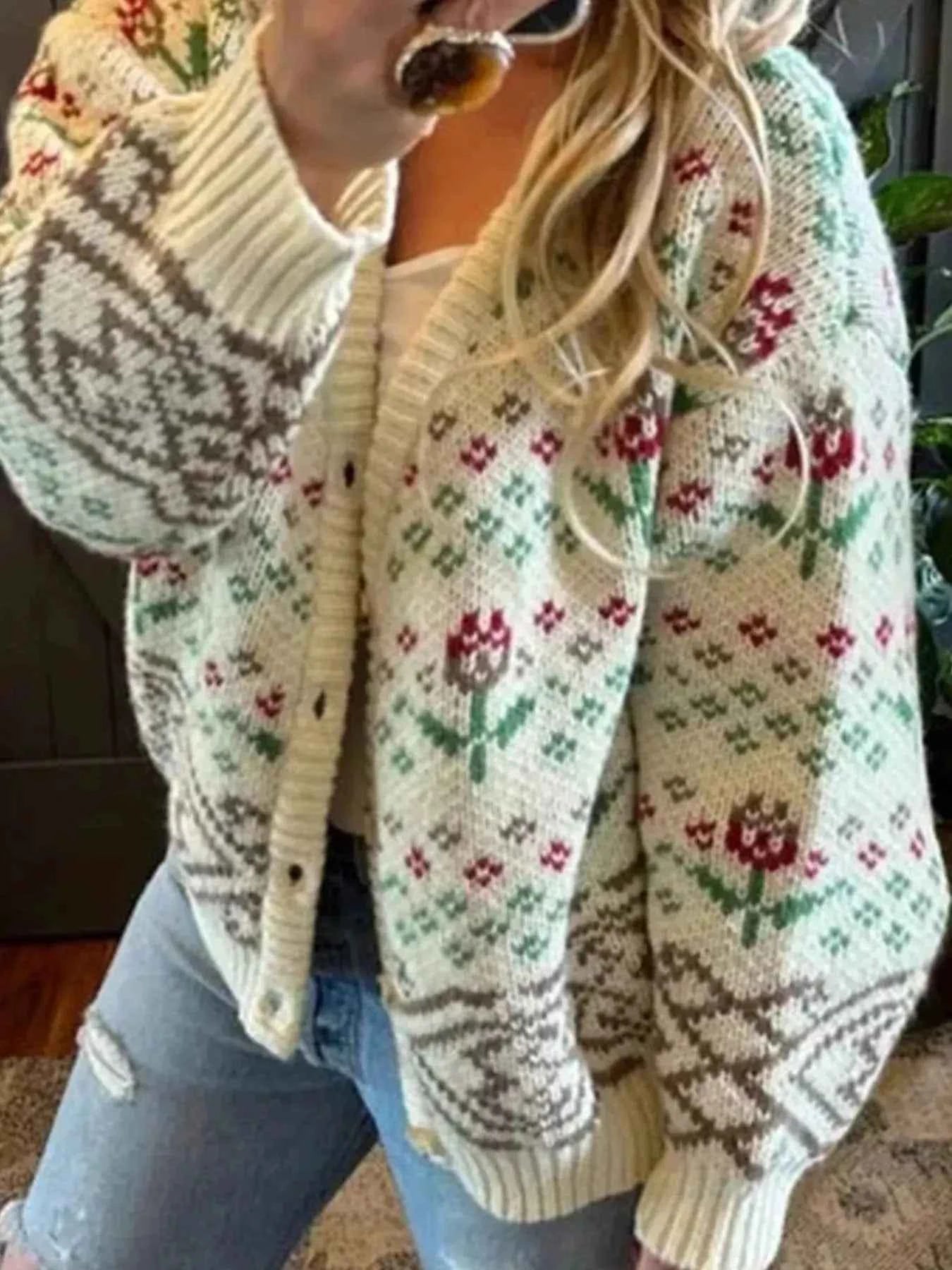 Cozy Vintage Floral Knit Button Up Cardigan