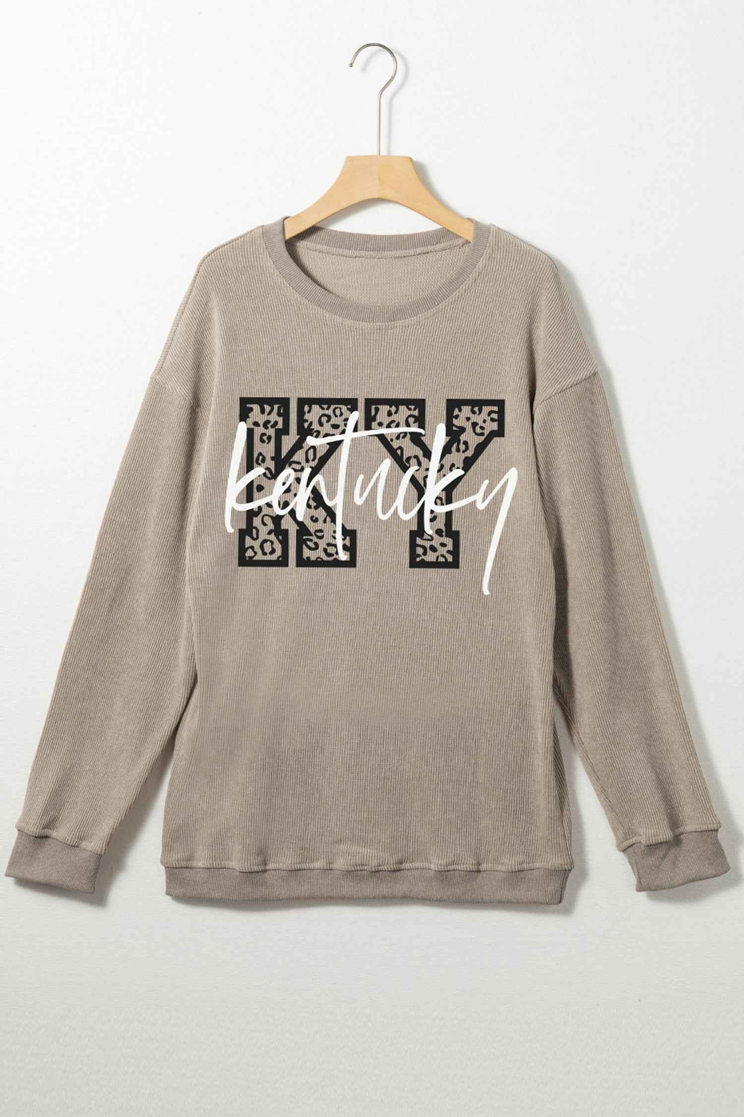 Khaki Kentucky KY Leopard Lettering Ribbed Baggy Sweatshirt