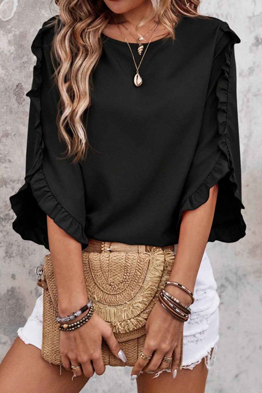 Black Frill Trim Plain Tulip Sleeve Blouse