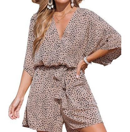 Women's V-neck Printed Lace-up Bat Jumpsuit
