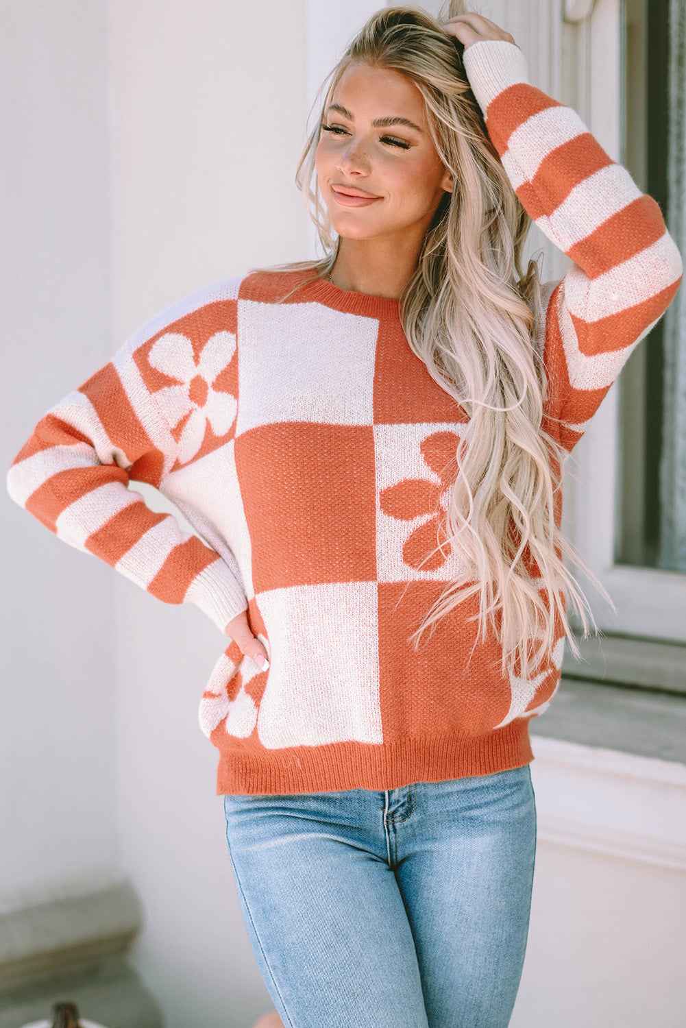 Brown Checkered Floral Print Striped Sleeve Sweater