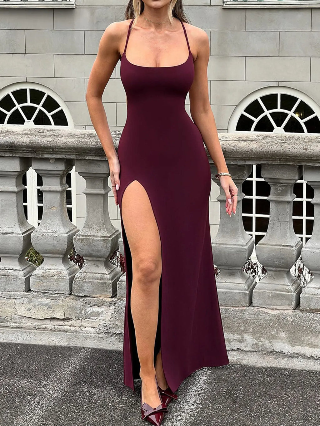 Backless Slit Scoop Neck Maxi Cami Dress by Shopiebay