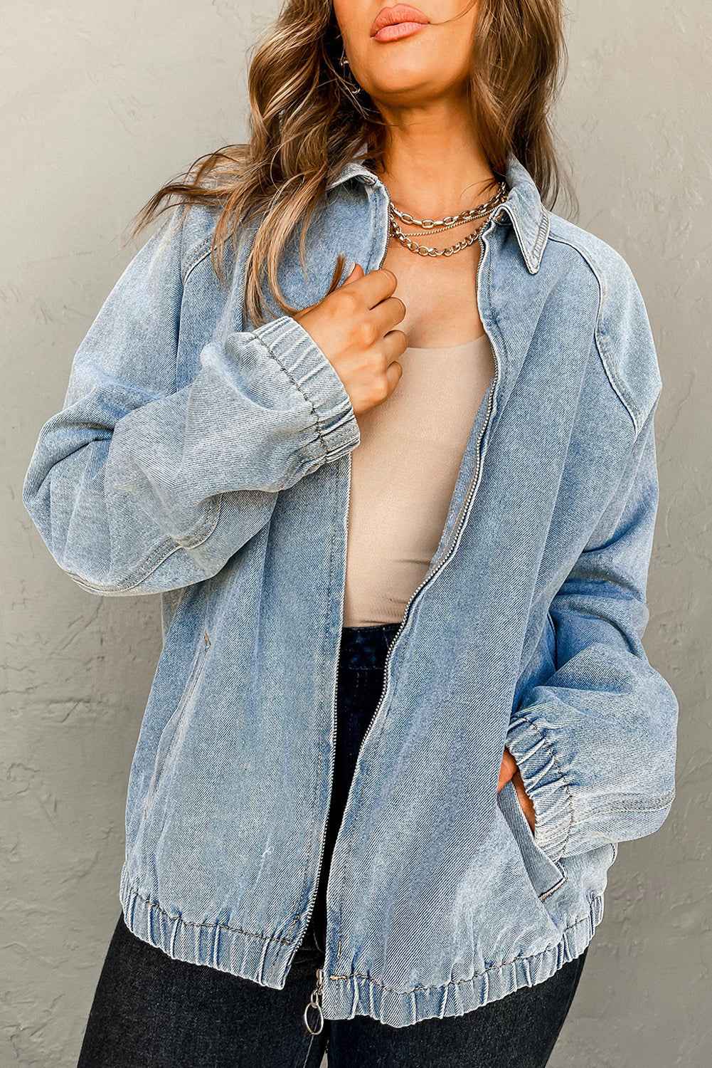 Myosotis Elastic Hem Collared Zip Up Denim Jacket