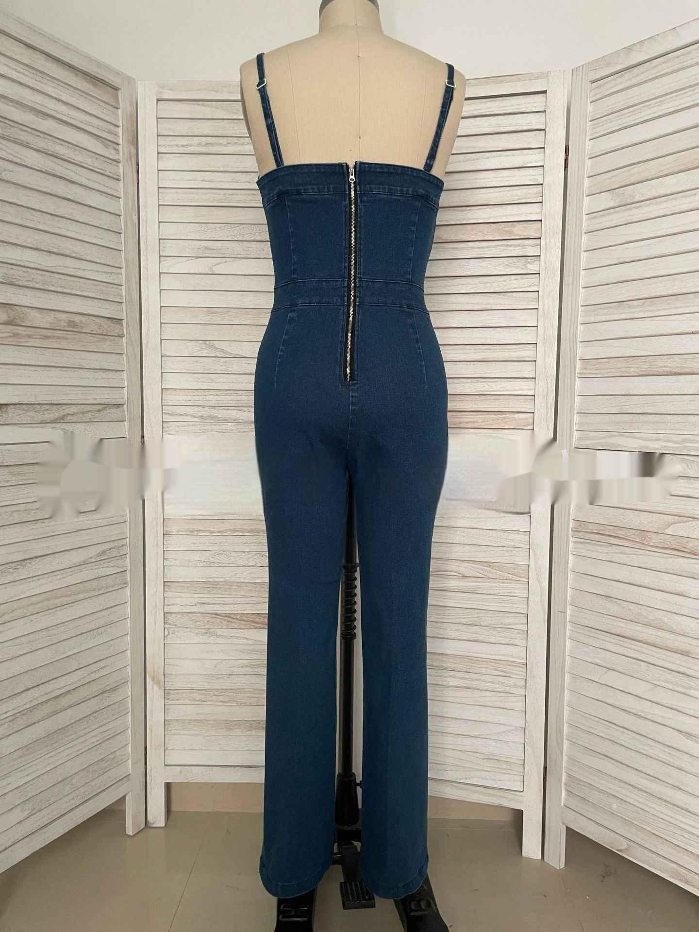 Women Sleeveless Denim Jumpsuit V Neck Wide Leg Flared Jumpsuit High Waist Back Zipper Slim Fit Denim Jumpsuit Jeans Overalls