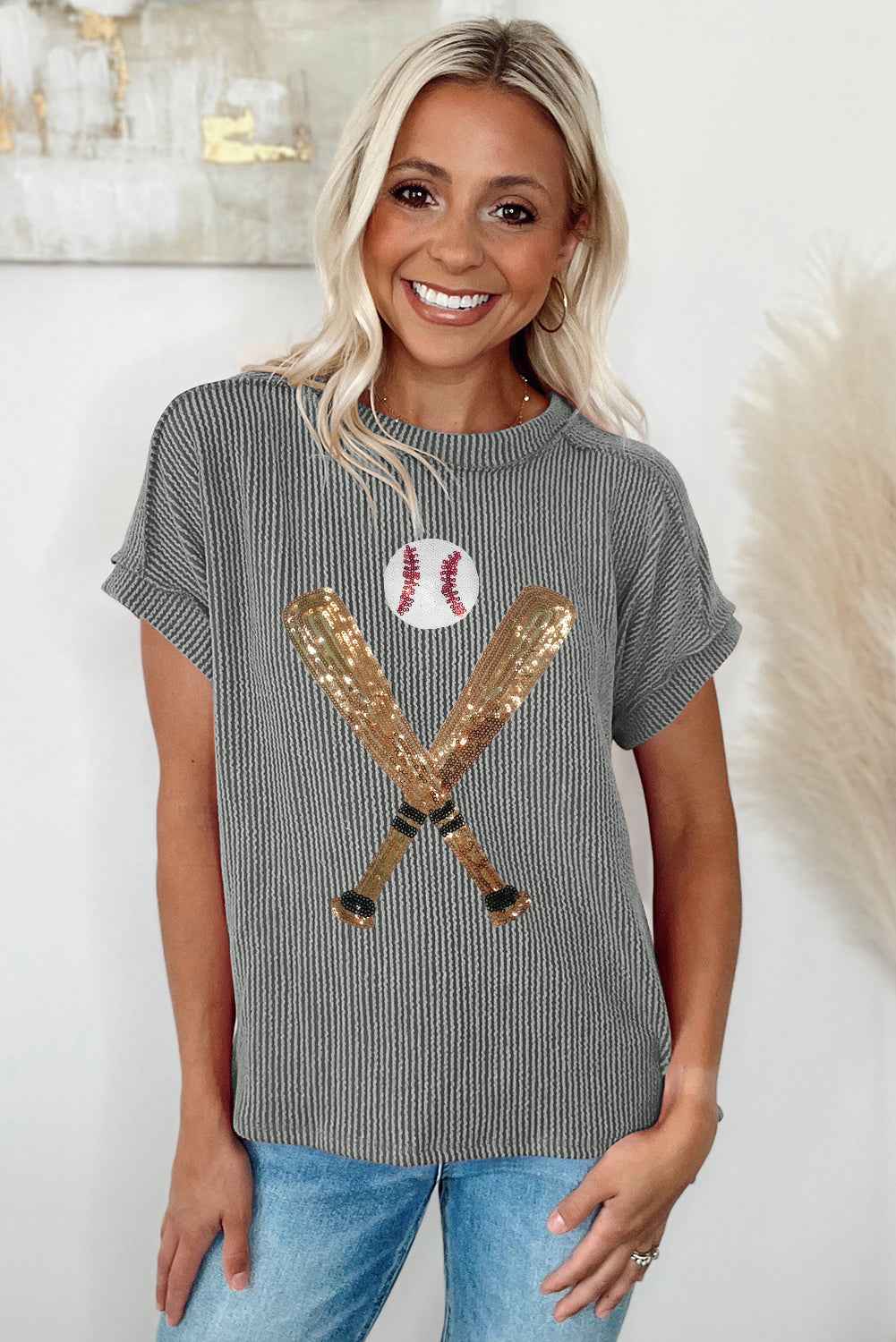 Medium Grey Sequin Baseball Pattern Corded Crewneck T Shirt