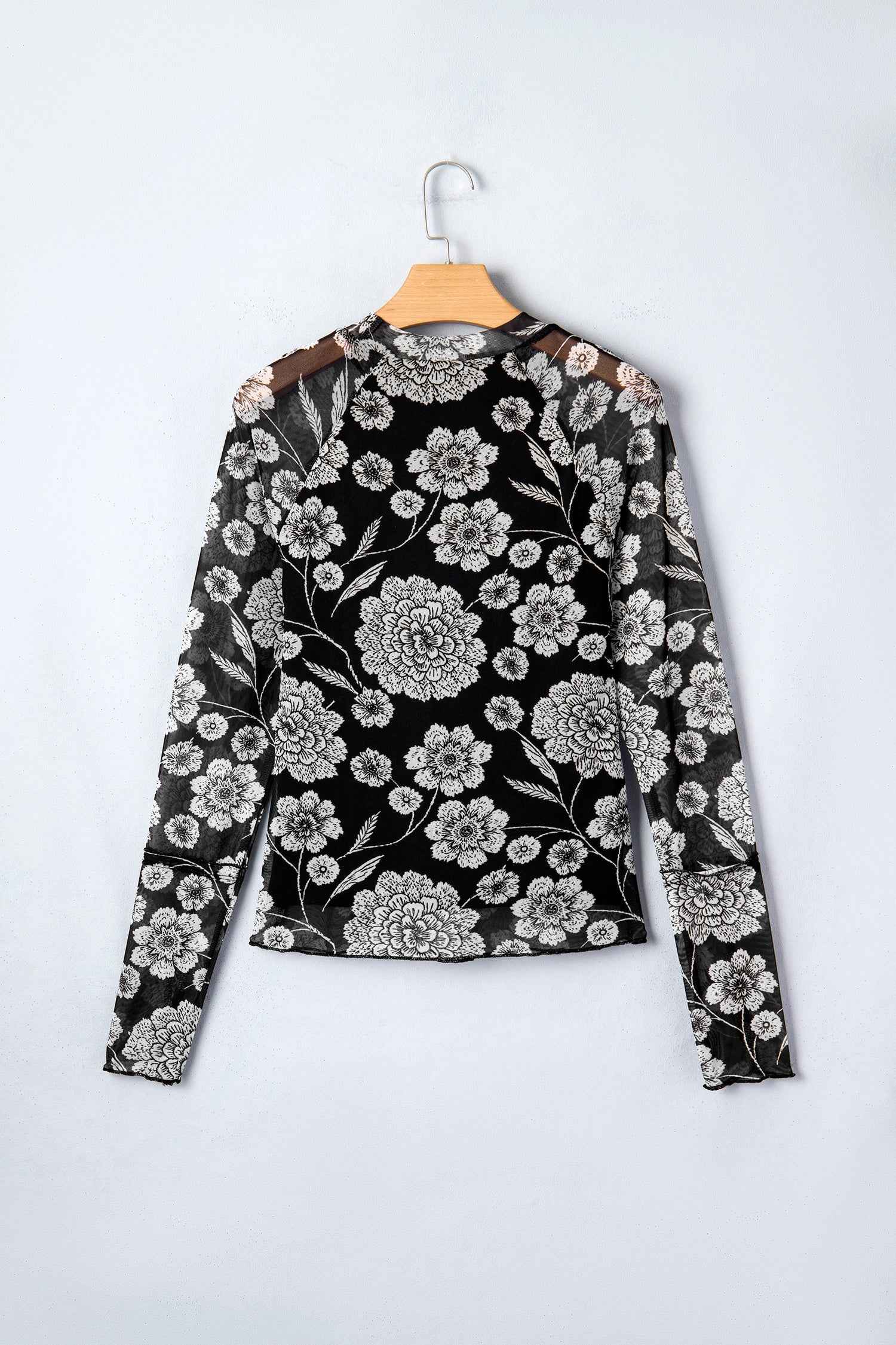 Brown Thumbhole Long Sleeve Floral Print Mesh Top