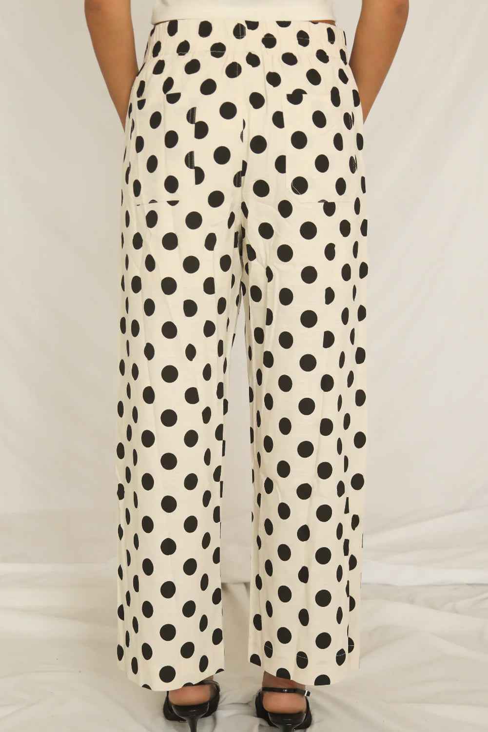 White Polka Dot Print Patched Pocket Loose Pants