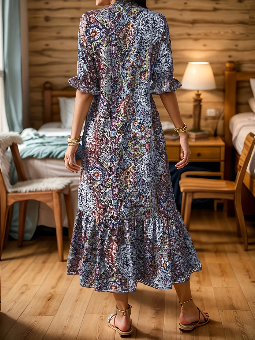 Bohemian Paisley Print Ruffle Hem Midi Dress by Shopiebay