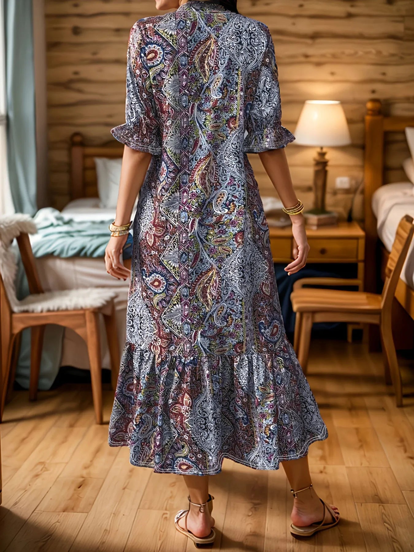 Bohemian Paisley Print Ruffle Hem Midi Dress by Shopiebay