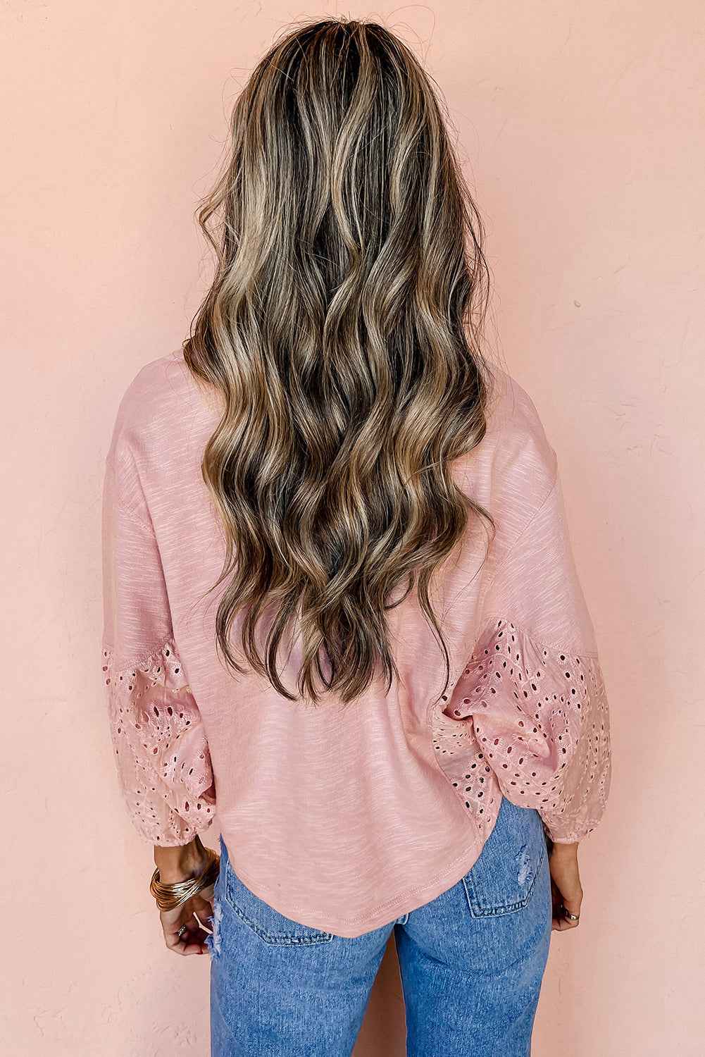 Light Pink Keyhole Notch V Neck Batwing Sleeve Blouse