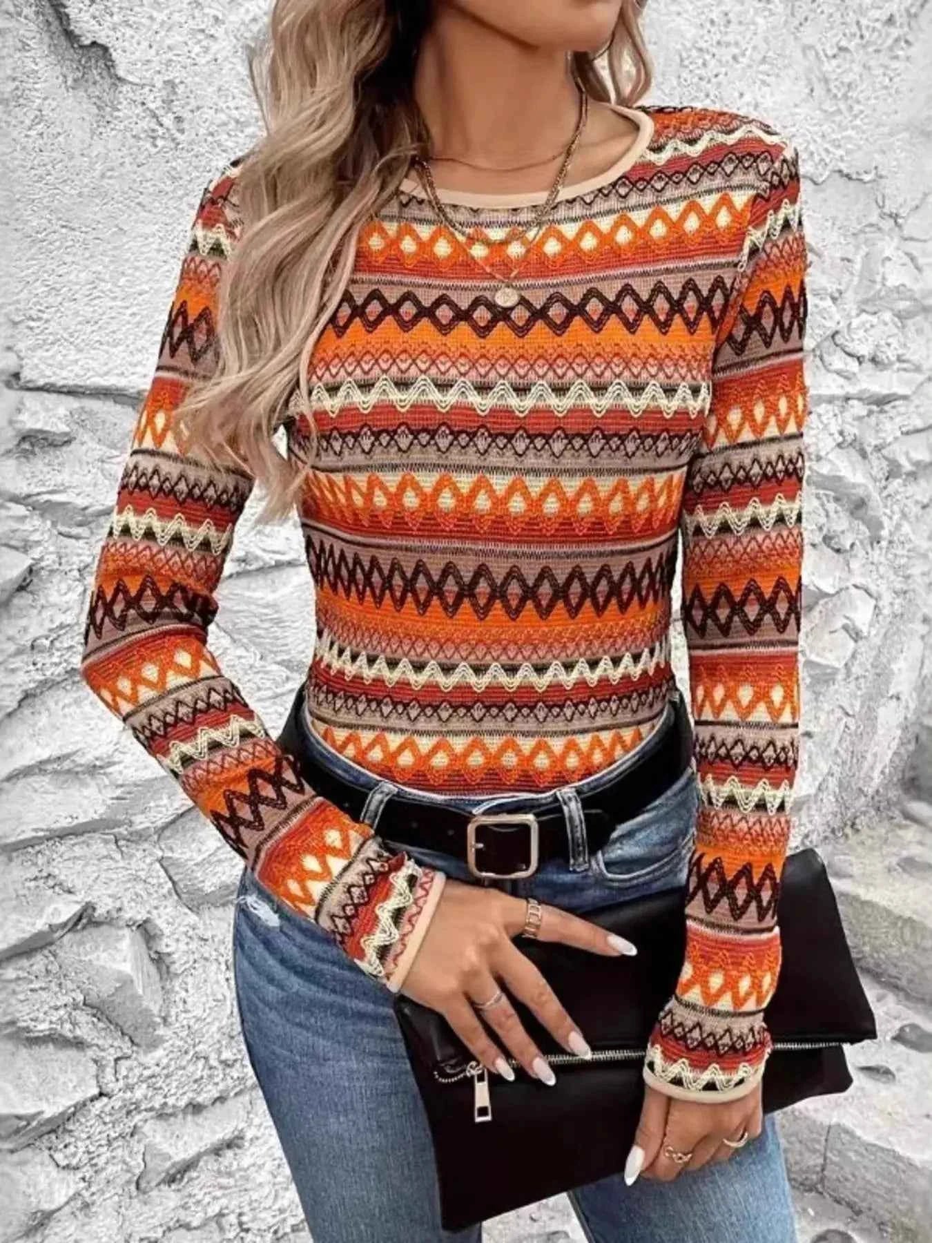Geometric Pattern Long Sleeve Boho Top